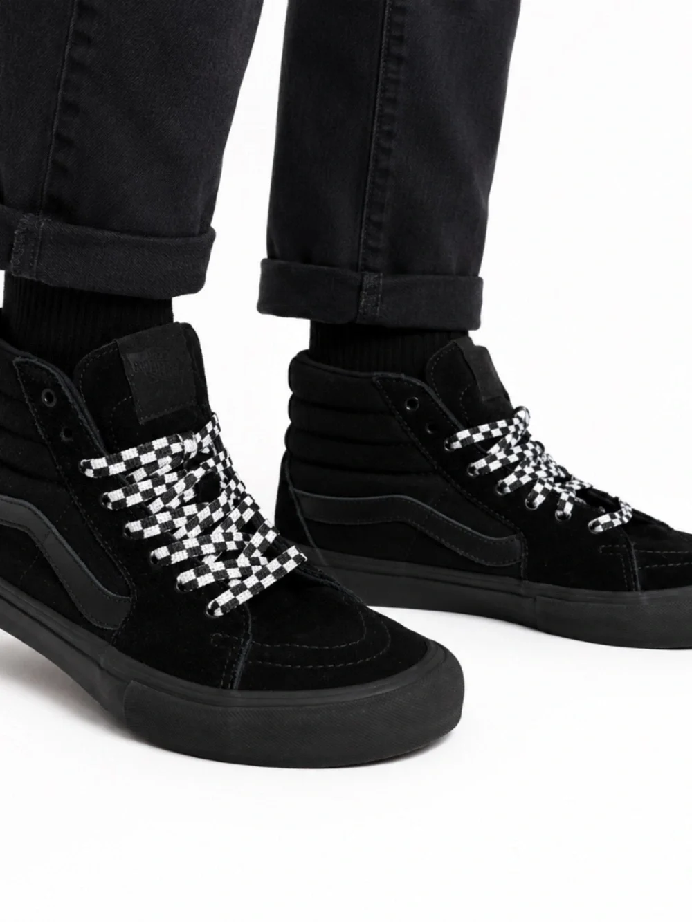 Vans Sk8-Hi Blackout Suede High Top Sneakers Checkerboard Laces Men's